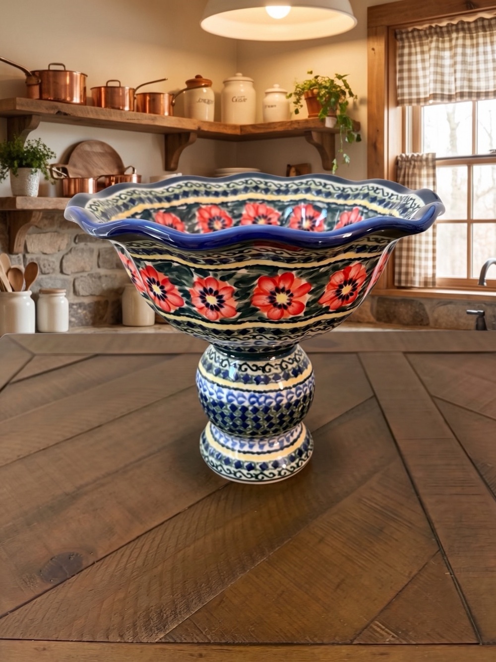 Polish Pottery Unikat Boleslawiec Poland Hand-PaintPedestal Bowl Floral EUC